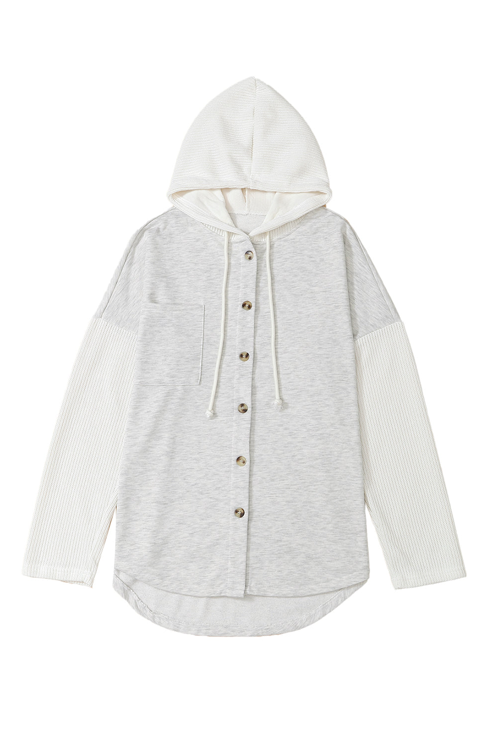 Gray button-up hooded jacket with contrast knitted sleeves, showcasing a stylish and cozy design.