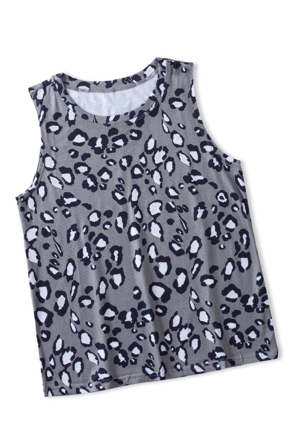 Gray leopard print crew neck tank top displayed on a mannequin, showcasing its trendy design and sleeveless silhouette.