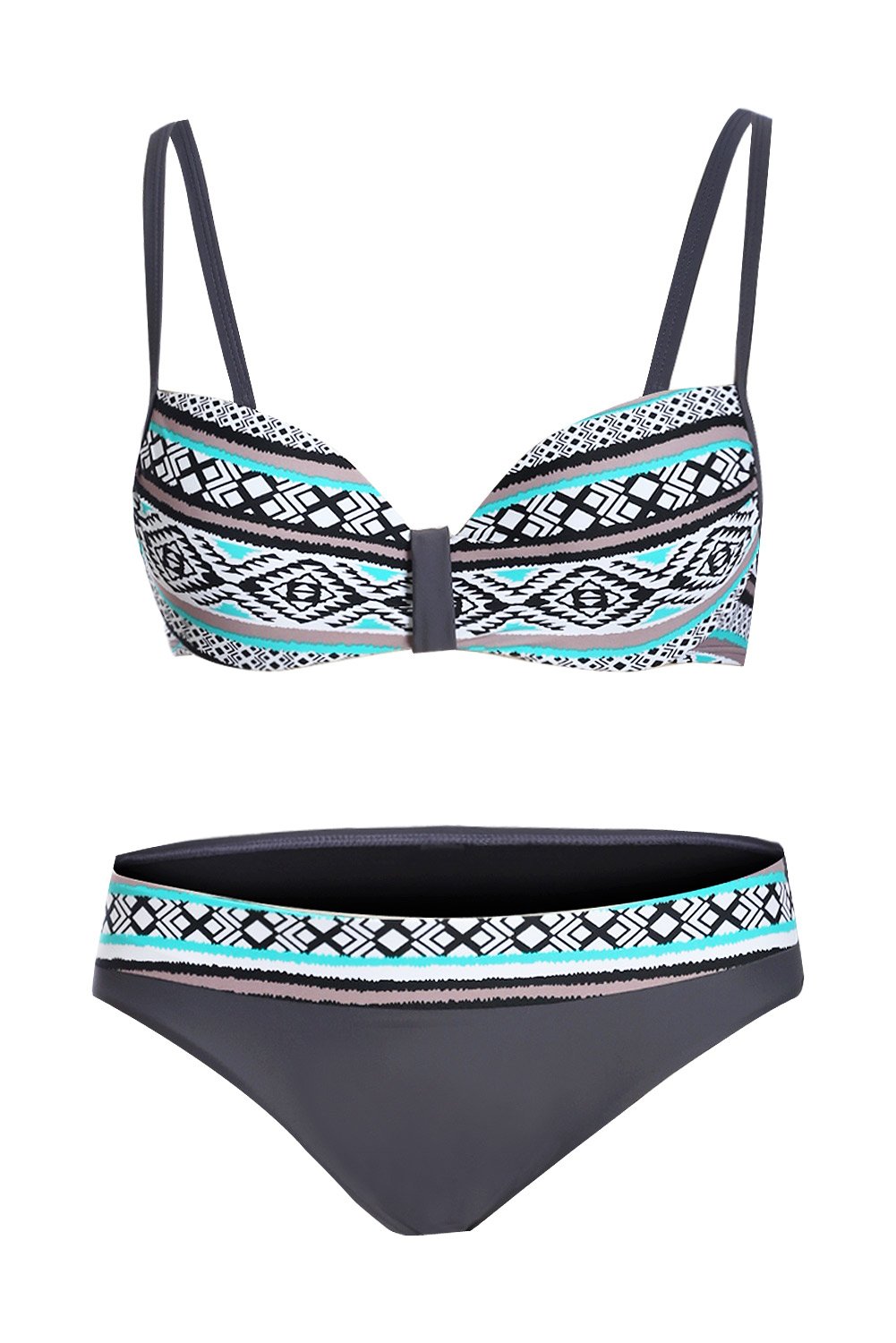 Green Retro Ethnic Print Bikini Swimsuit Set featuring soft cups, adjustable straps, and full coverage bikini bottom with ethnic print design.