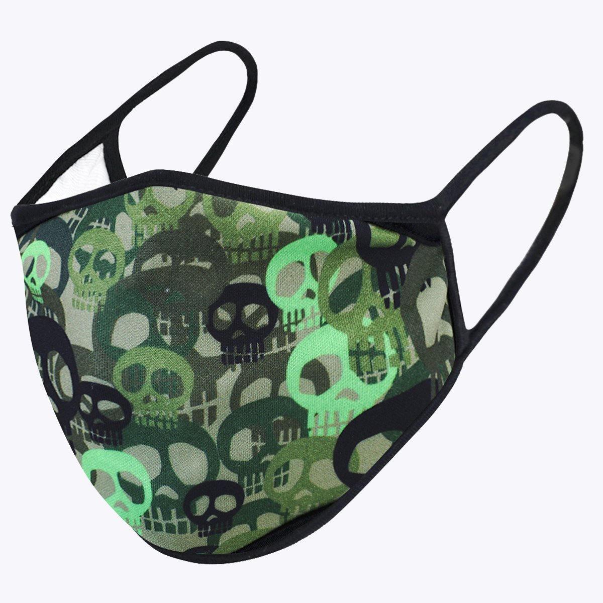 Green Skull 3-Layered Face Cover featuring a unique skull print design, made from polyester and cotton, suitable for unisex wear.