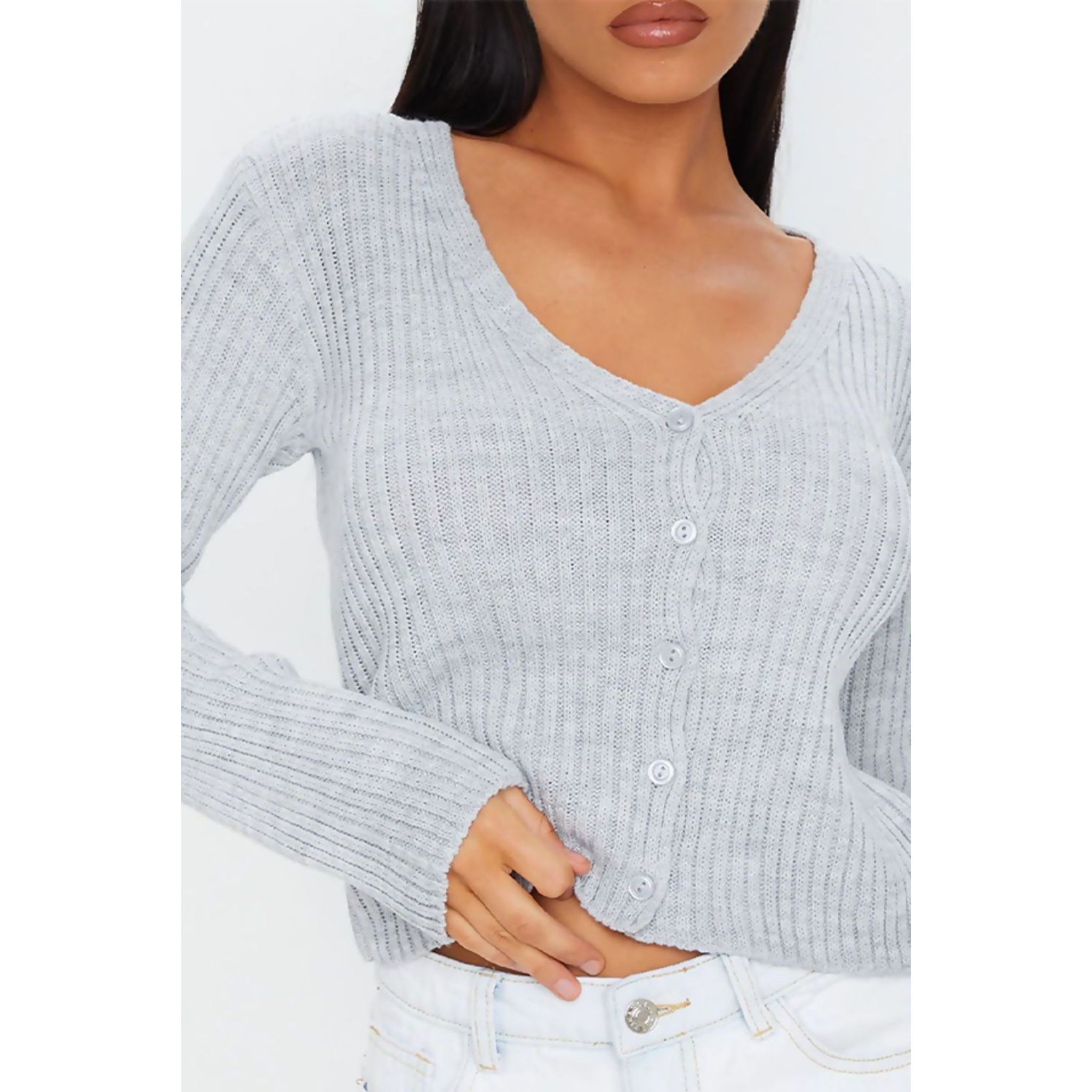 A stylish grey button front ribbed cardigan made from soft acrylic, featuring a chic design suitable for various outfits.