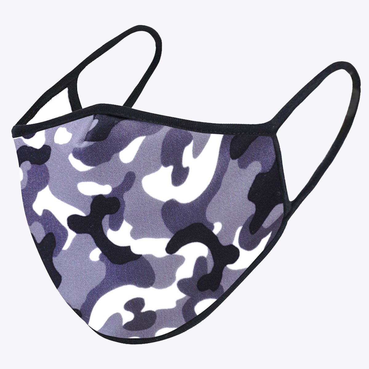 Grey camouflage 3-layered face mask with cotton lining, showcasing a stylish design for protection and comfort.