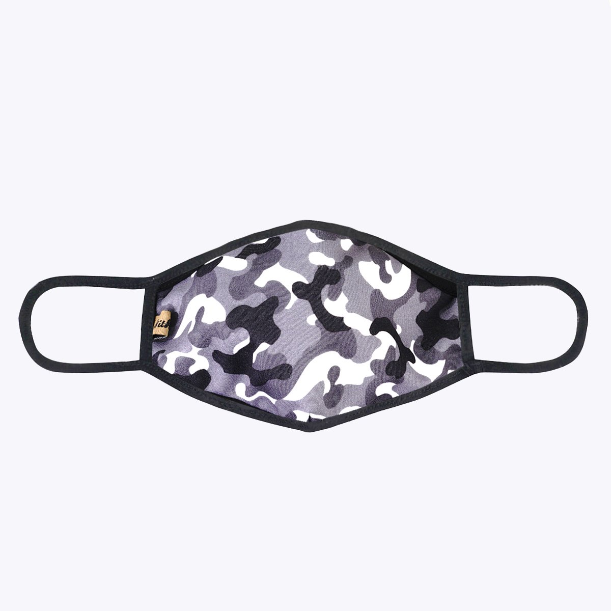 Grey camouflage 3-layered face mask with cotton lining, showcasing a stylish design for protection and comfort.