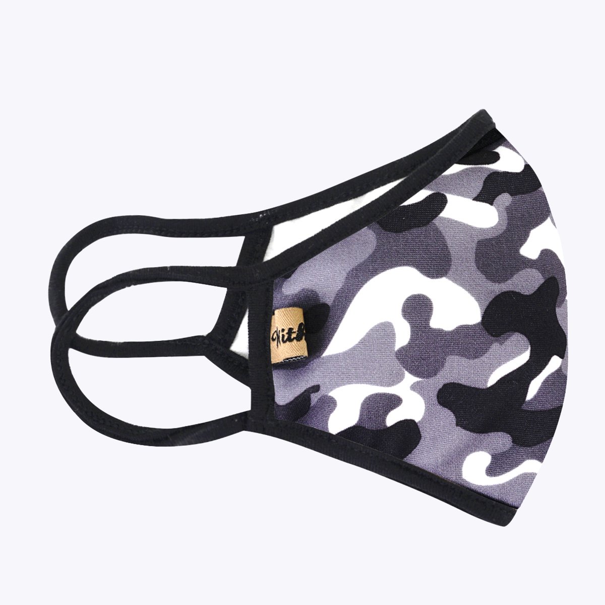 Grey camouflage 3-layered face mask with cotton lining, showcasing a stylish design for protection and comfort.