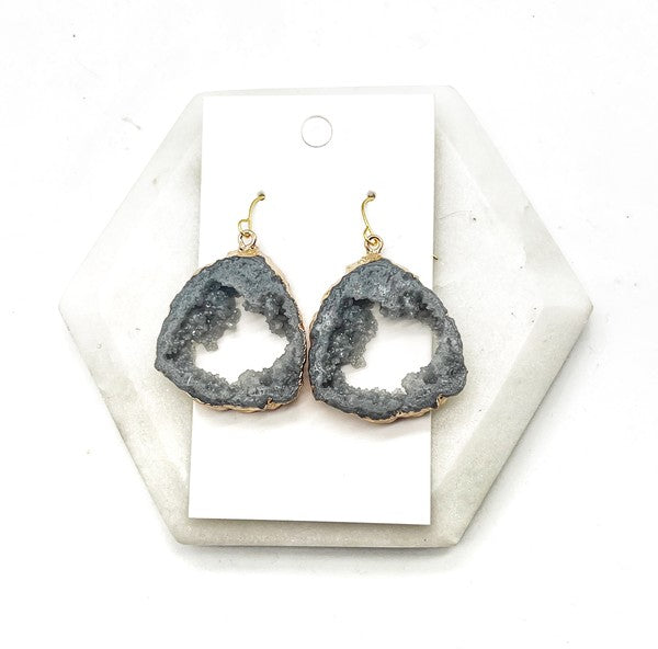 A pair of Grey Gray Agate Slice Resin Statement Earrings with gold sides, showcasing unique patterns and a stylish design.