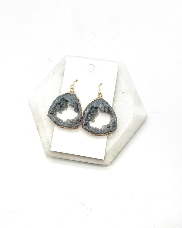 A pair of Grey Gray Agate Slice Resin Statement Earrings with gold sides, showcasing unique patterns and a stylish design.