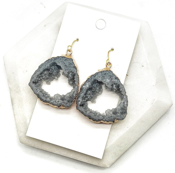 A pair of Grey Gray Agate Slice Resin Statement Earrings with gold sides, showcasing unique patterns and a stylish design.