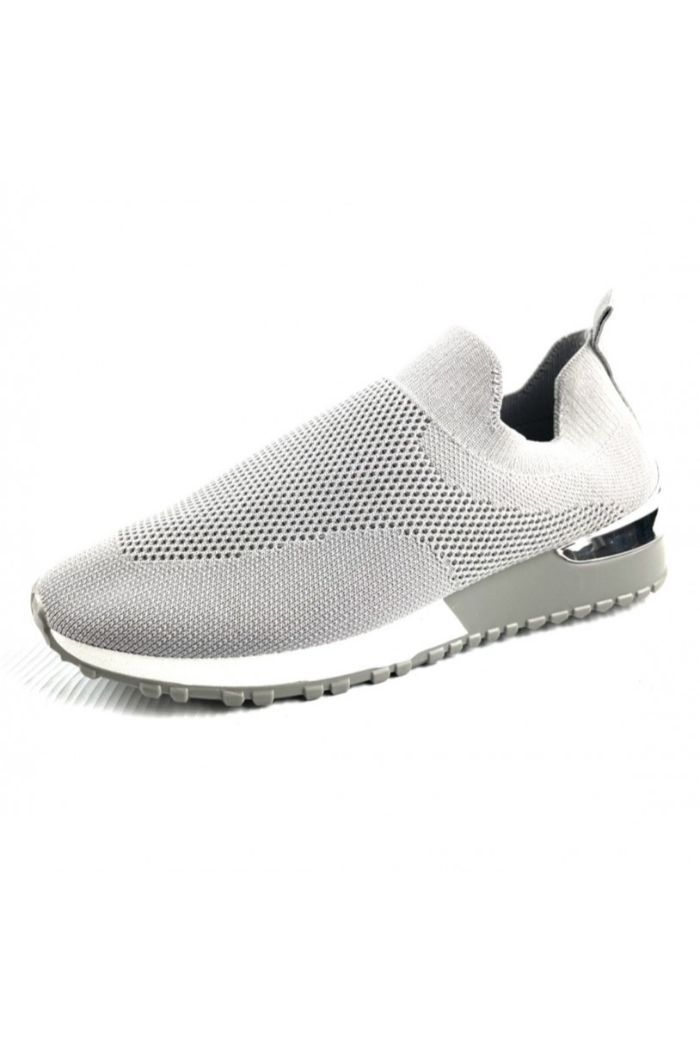 A pair of women's grey knitted sock trainers featuring a silver heel detail and a chunky black and white sole, perfect for summer wear.