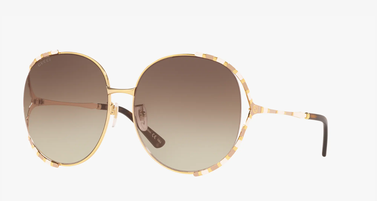 GUCCI Wide Adjustable Large Sunglasses with round yellow gold metal frame and brown gradient lenses, showcasing adjustable nosepads.