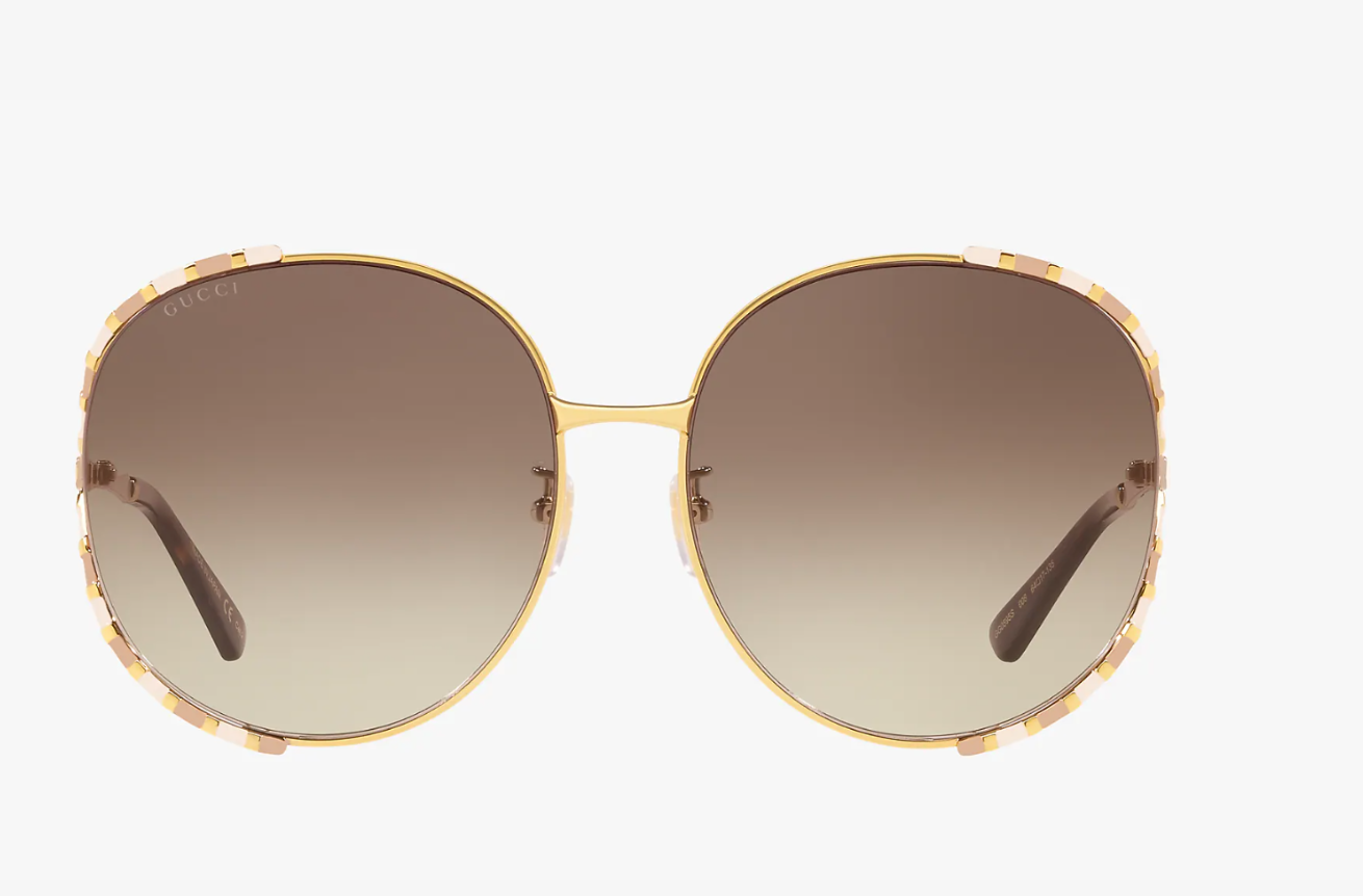 GUCCI Wide Adjustable Large Sunglasses with round yellow gold metal frame and brown gradient lenses, showcasing adjustable nosepads.