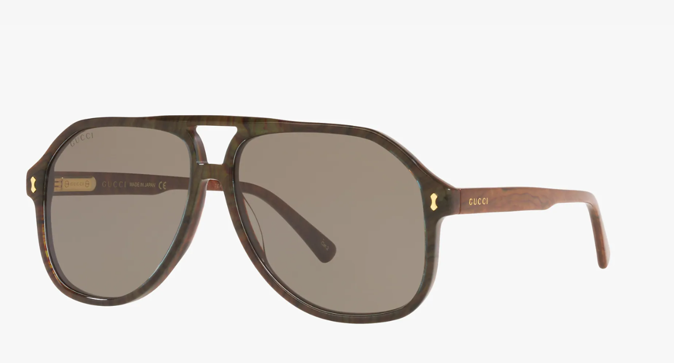 GUCCI Wide - High Bridge Fit sunglasses featuring a brown acetate frame and grey polyamide lenses in a stylish pilot shape.