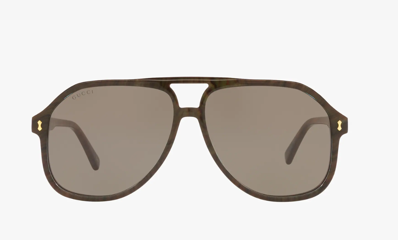 GUCCI Wide - High Bridge Fit sunglasses featuring a brown acetate frame and grey polyamide lenses in a stylish pilot shape.