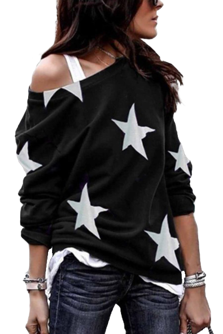 Black long sleeve t-shirt with wide collar and star print, showcasing a sporty and stylish design.