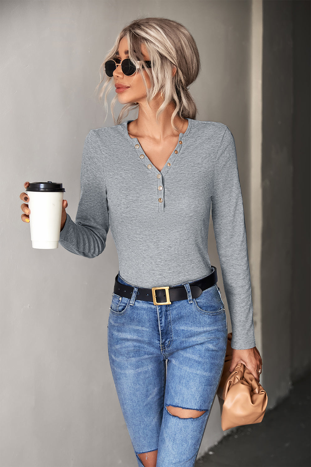 Half Snap Long Sleeve Knit Top in solid color, featuring a V-neckline and ribbed texture, perfect for casual wear.