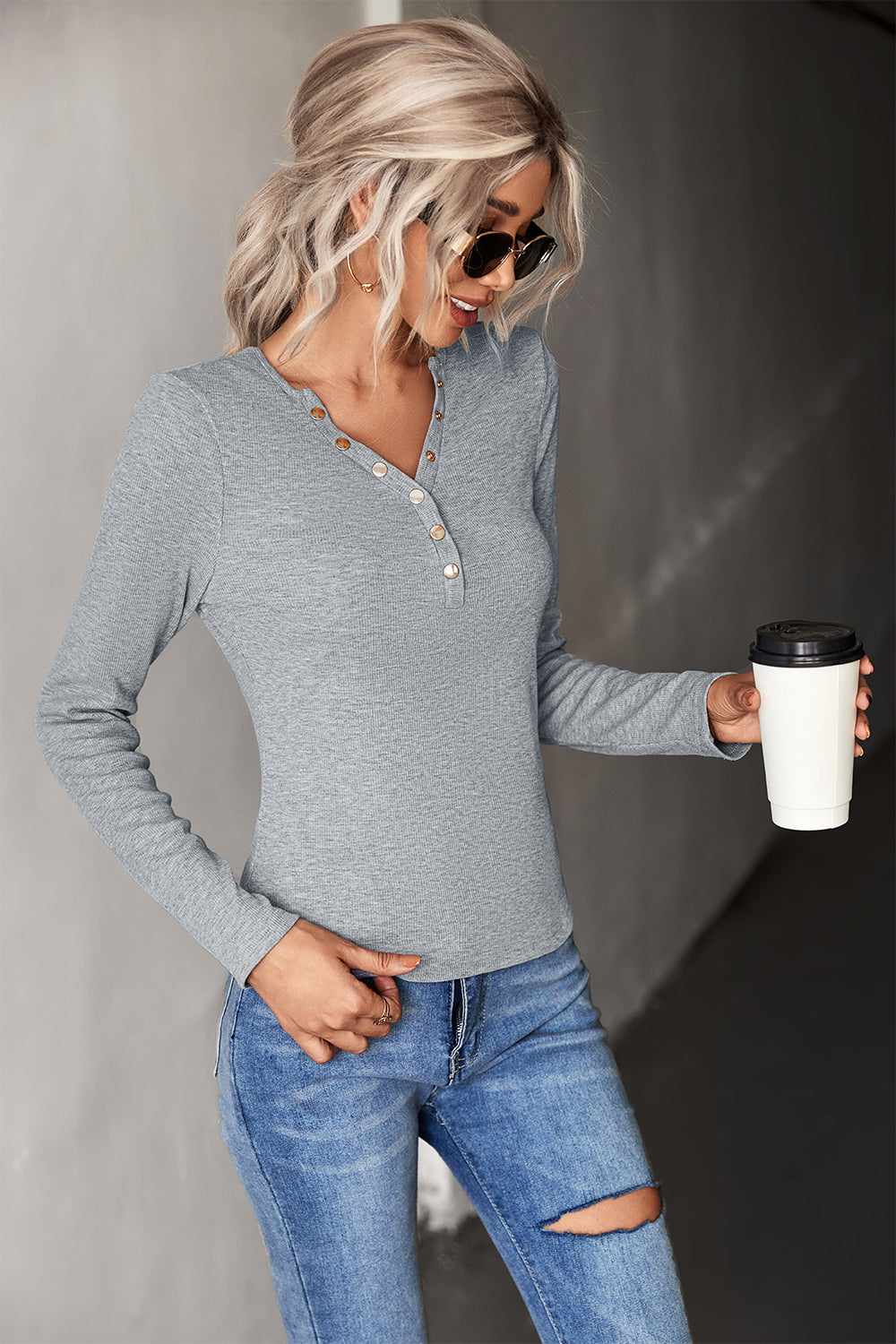 Half Snap Long Sleeve Knit Top in solid color, featuring a V-neckline and ribbed texture, perfect for casual wear.