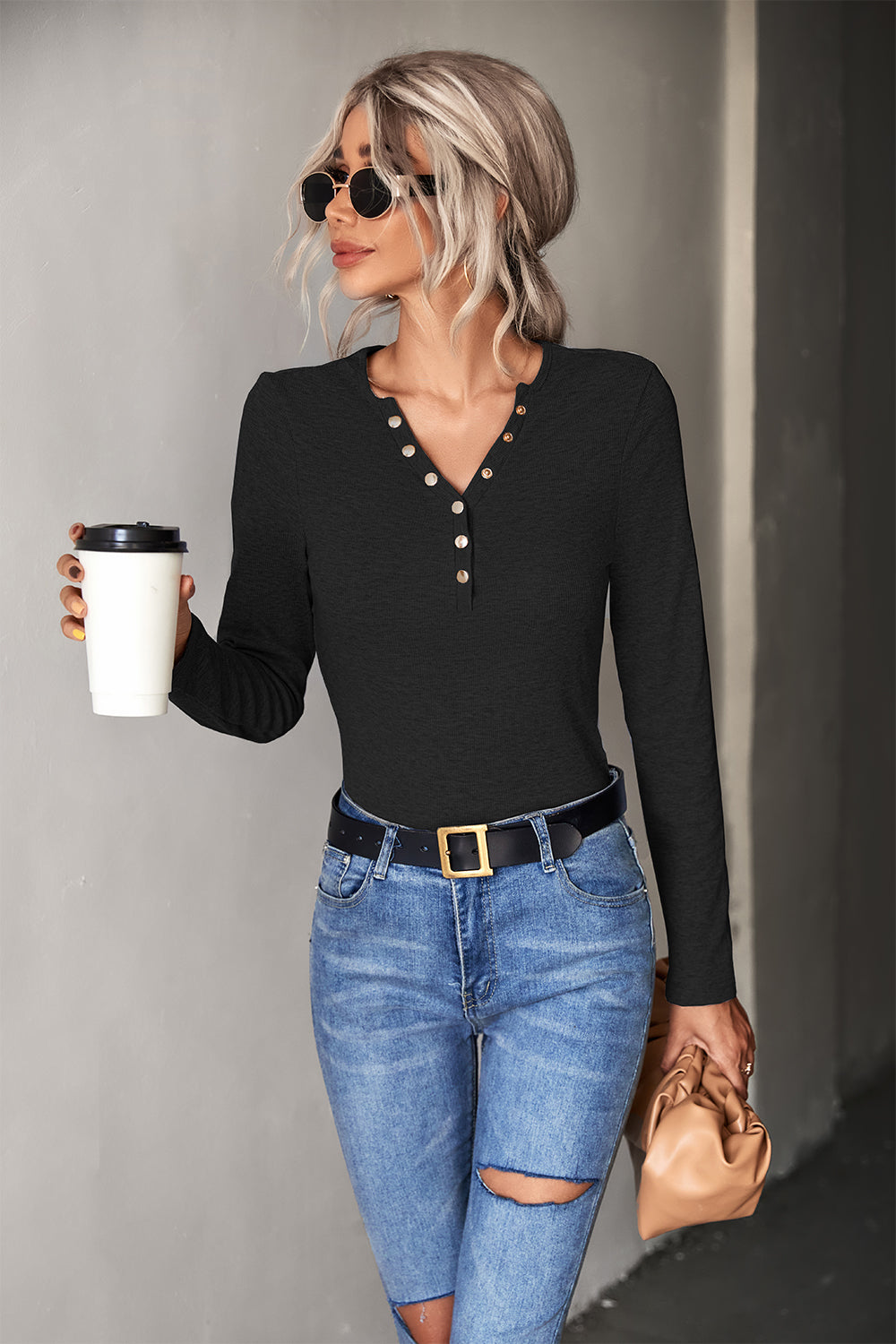 Half Snap Long Sleeve Knit Top in solid color, featuring a V-neckline and ribbed texture, perfect for casual wear.