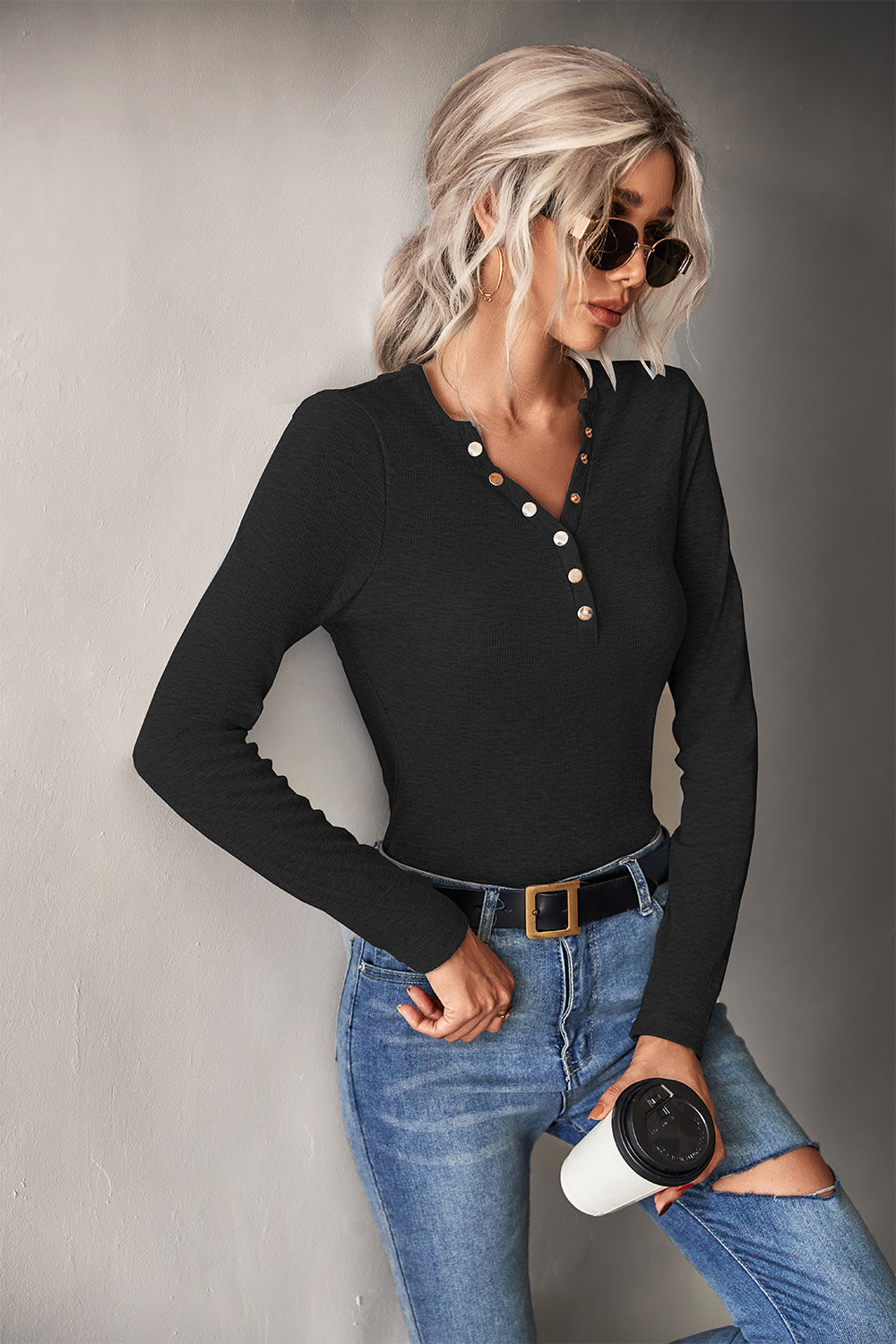 Half Snap Long Sleeve Knit Top in solid color, featuring a V-neckline and ribbed texture, perfect for casual wear.