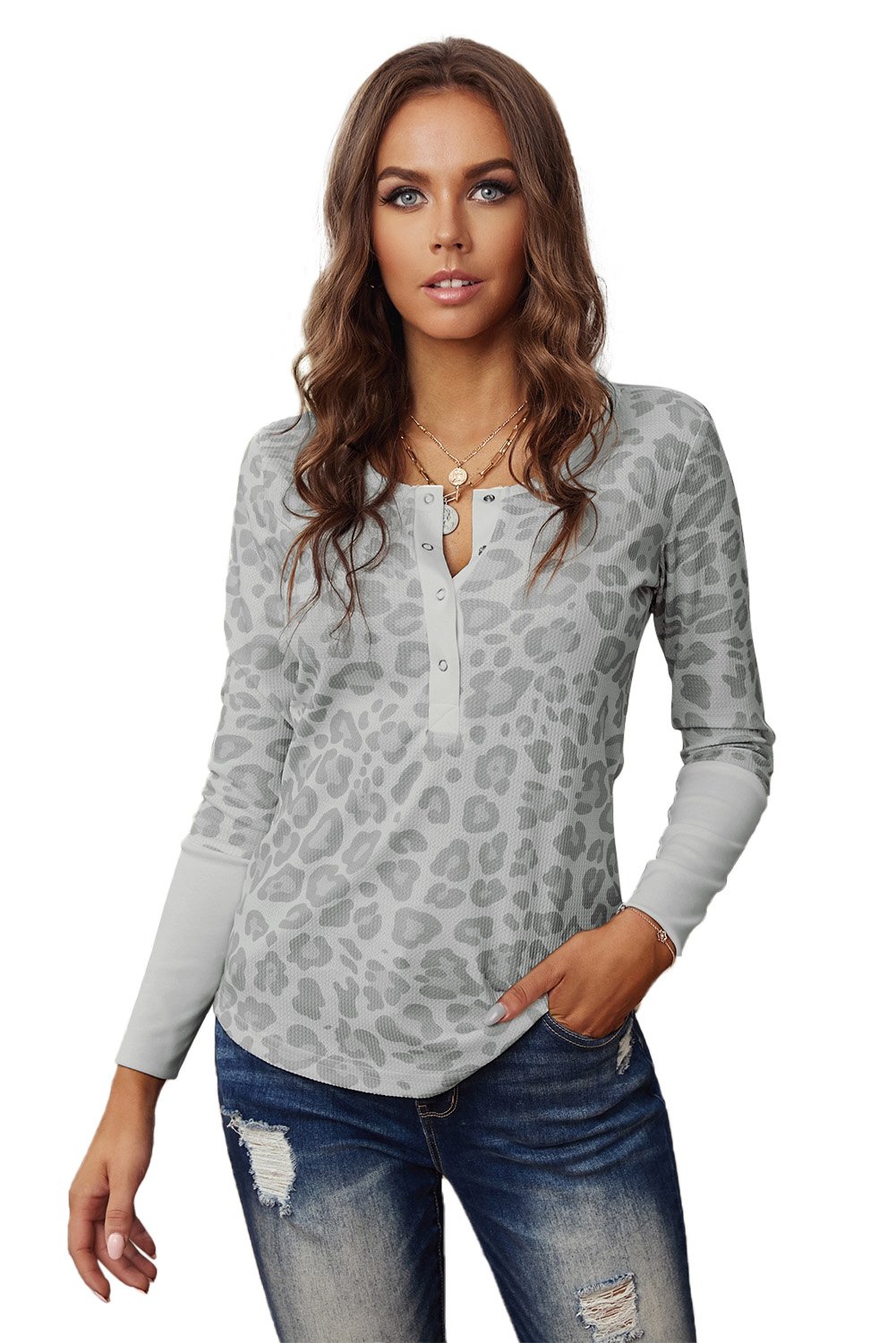 Half Snaps Waffle Knit Long Sleeve Top in light beige leopard print, featuring stylish snaps and a slim fit design.