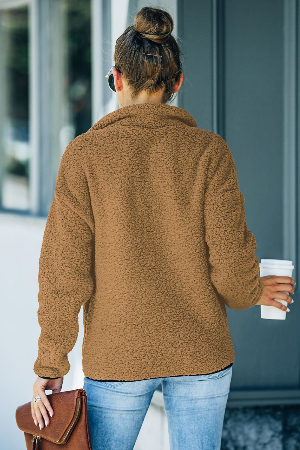 Half-Zip Kangaroo Pocket Teddy Top in various colors, featuring a soft teddy fabric, half-zip design, and kangaroo pocket.