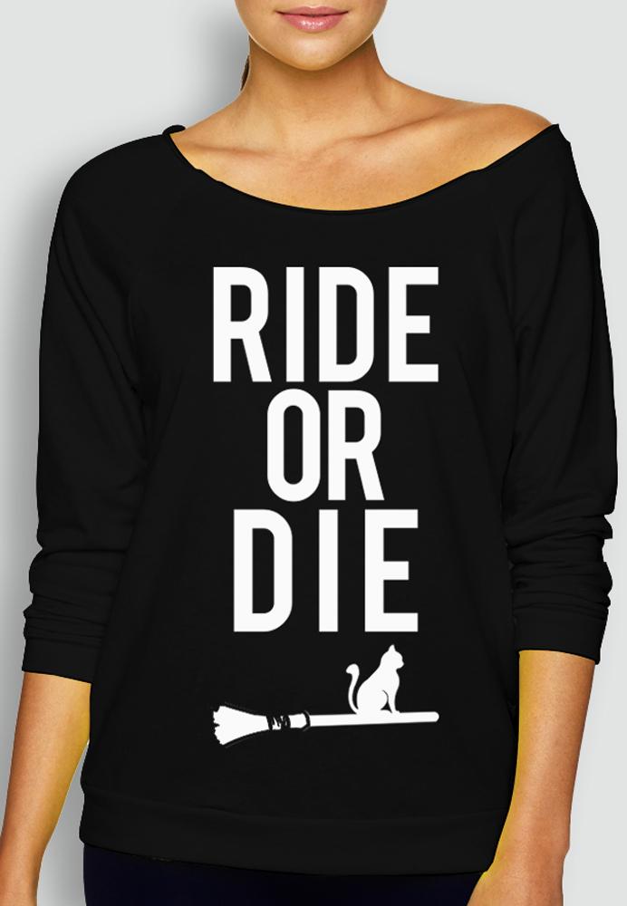 HALLOWEEN RIDE or DIE Long Sleeve Sweater in a slouchy style, featuring a playful Halloween design, available in various sizes.