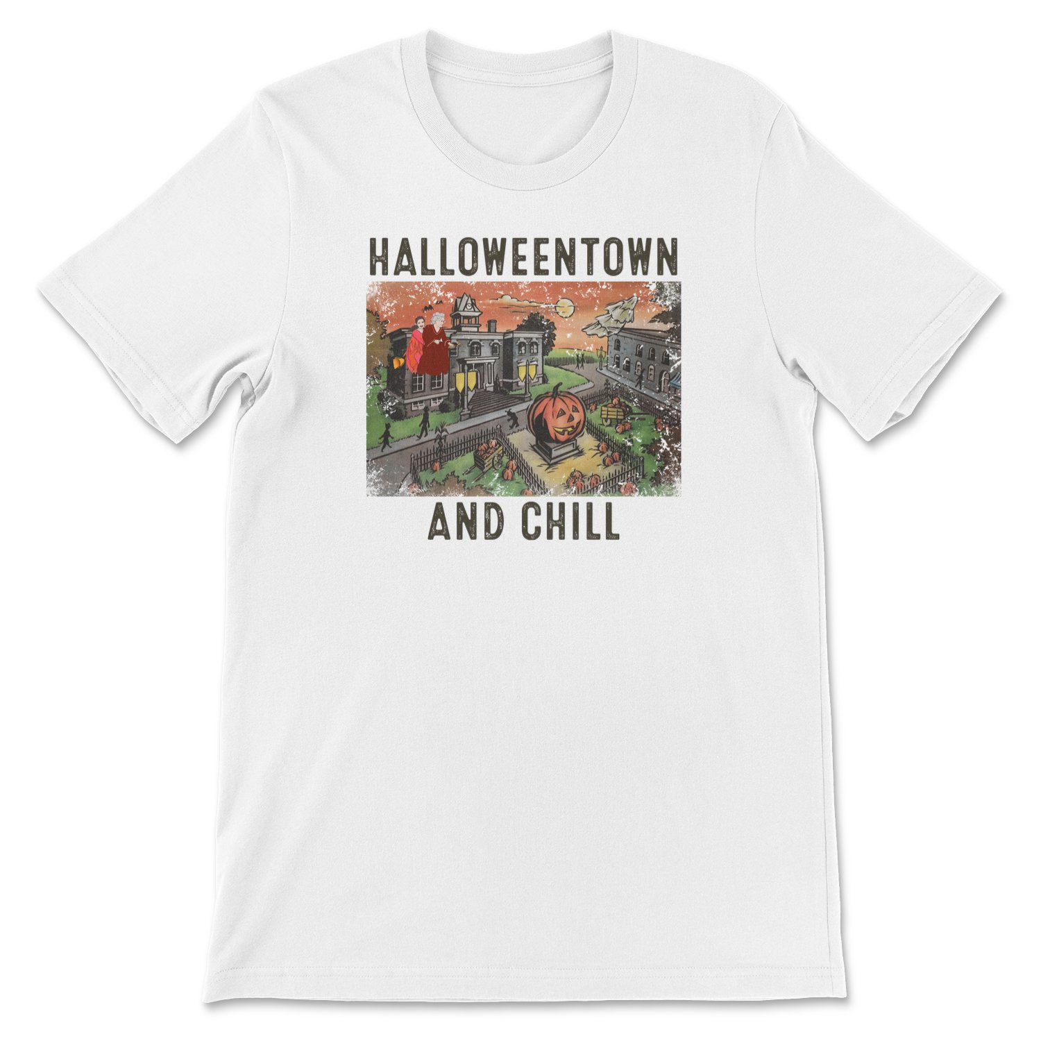 Halloweentown and Chill Tee featuring a spooky design, perfect for Halloween celebrations.