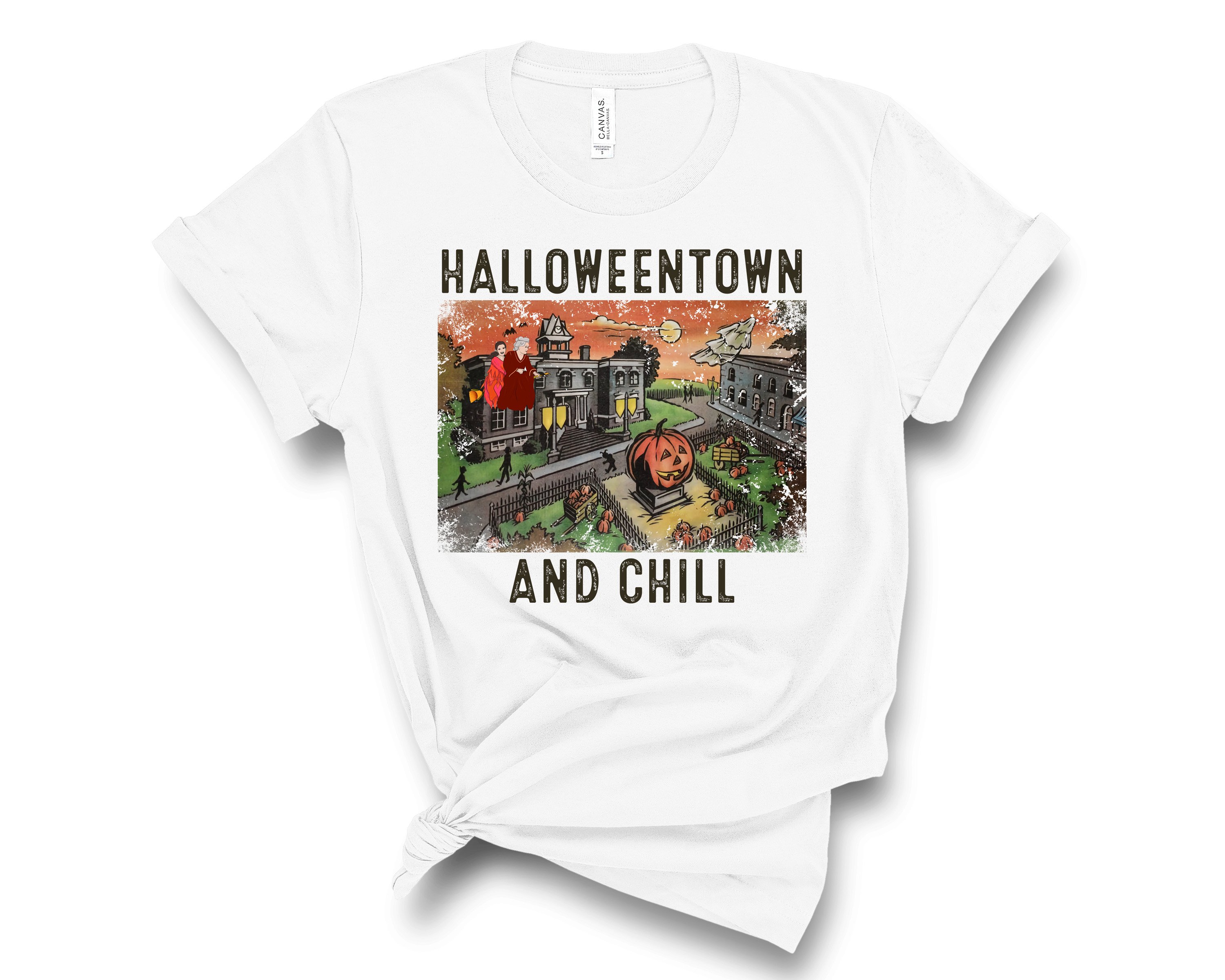 Halloweentown and Chill Tee featuring a spooky design, perfect for Halloween celebrations.