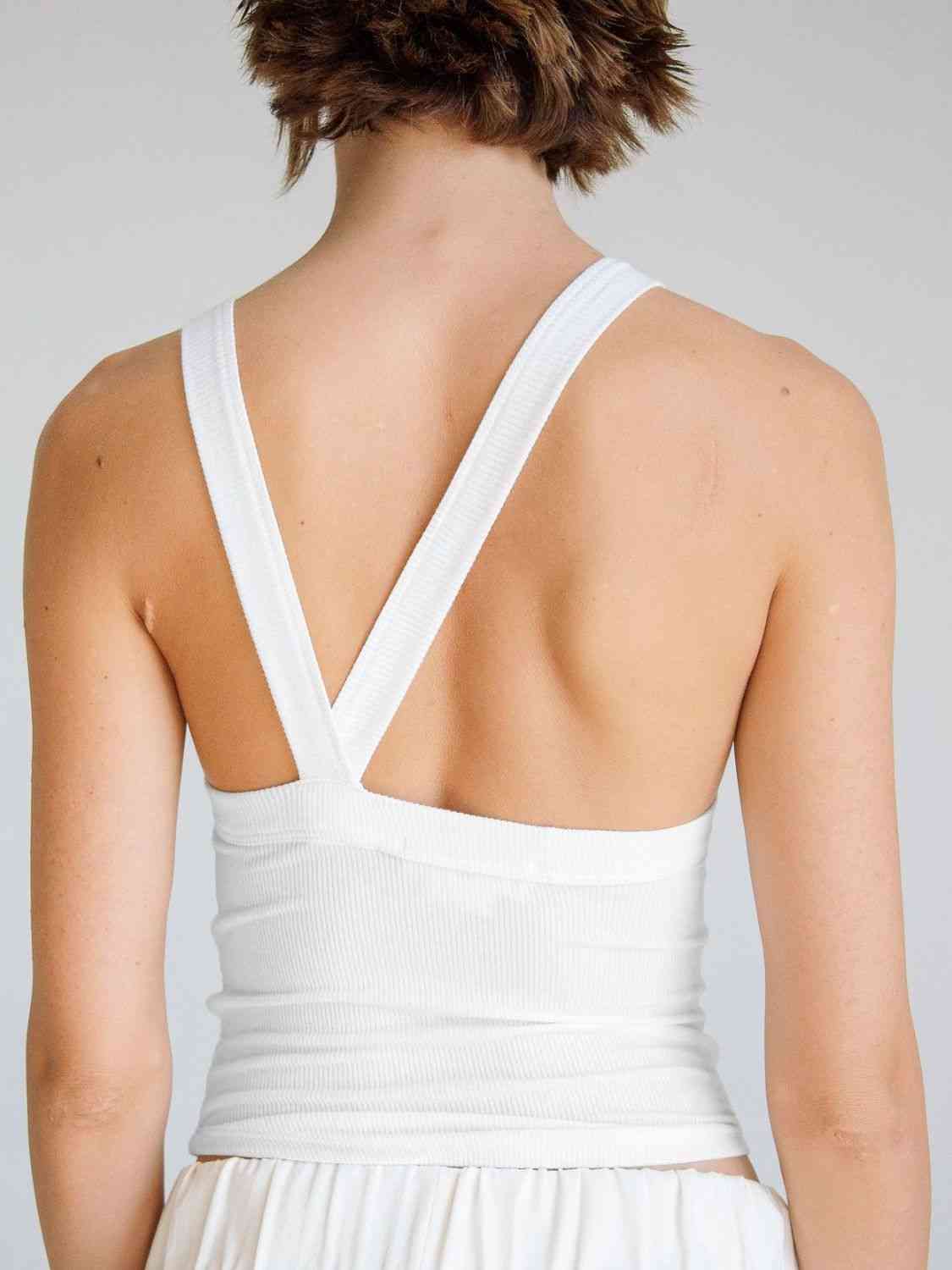 A stylish Halter Neck Ribbed Cropped Top in solid color, showcasing its backless design and sleeveless style, perfect for casual summer wear.