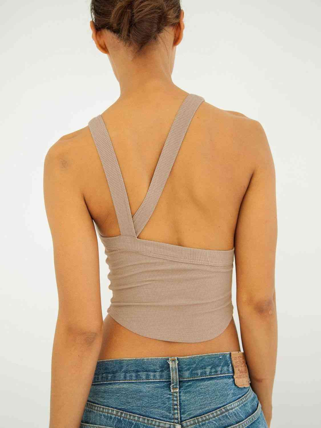 A stylish Halter Neck Ribbed Cropped Top in solid color, showcasing its backless design and sleeveless style, perfect for casual summer wear.