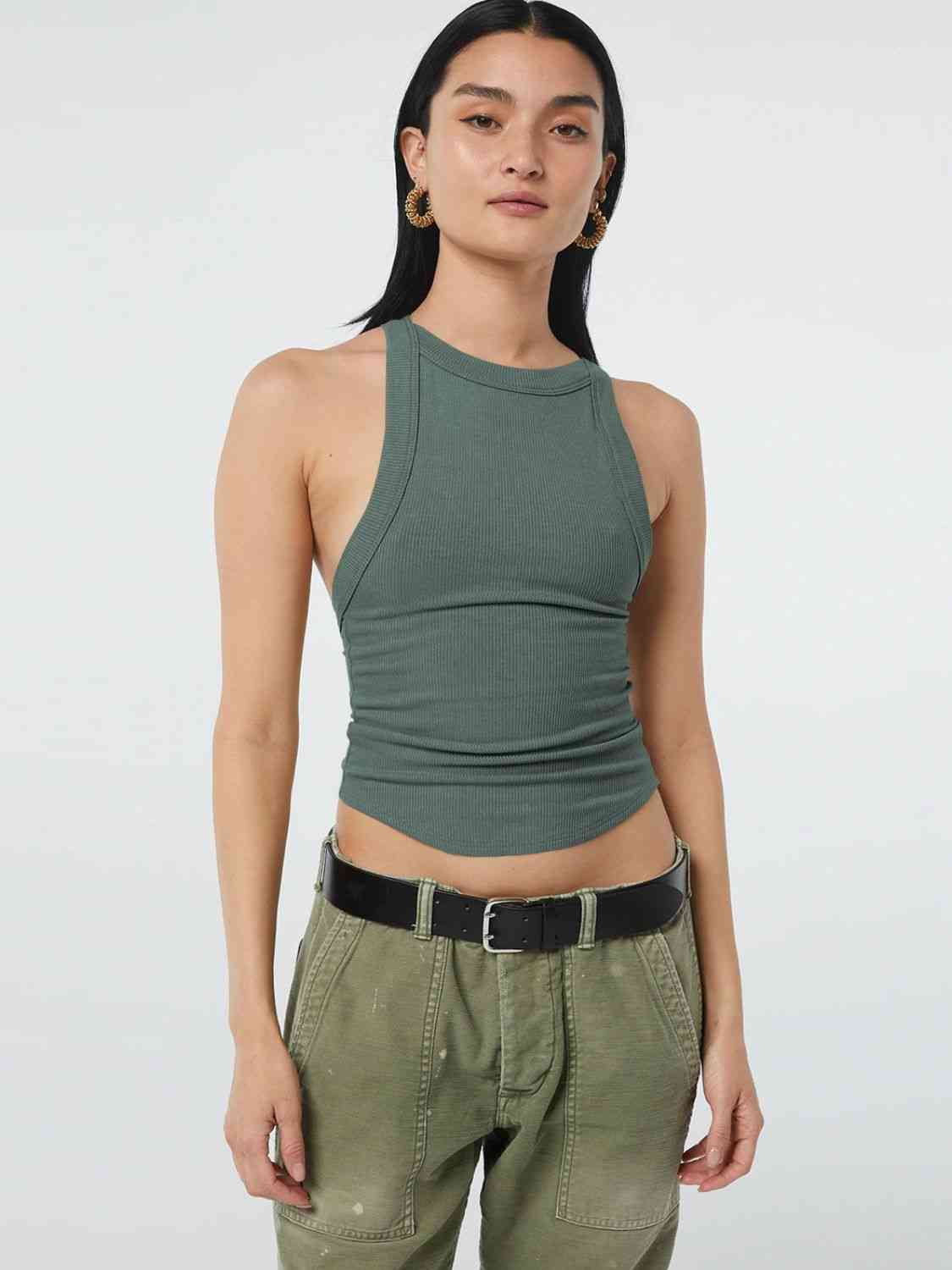 A stylish Halter Neck Ribbed Cropped Top in solid color, showcasing its backless design and sleeveless style, perfect for casual summer wear.