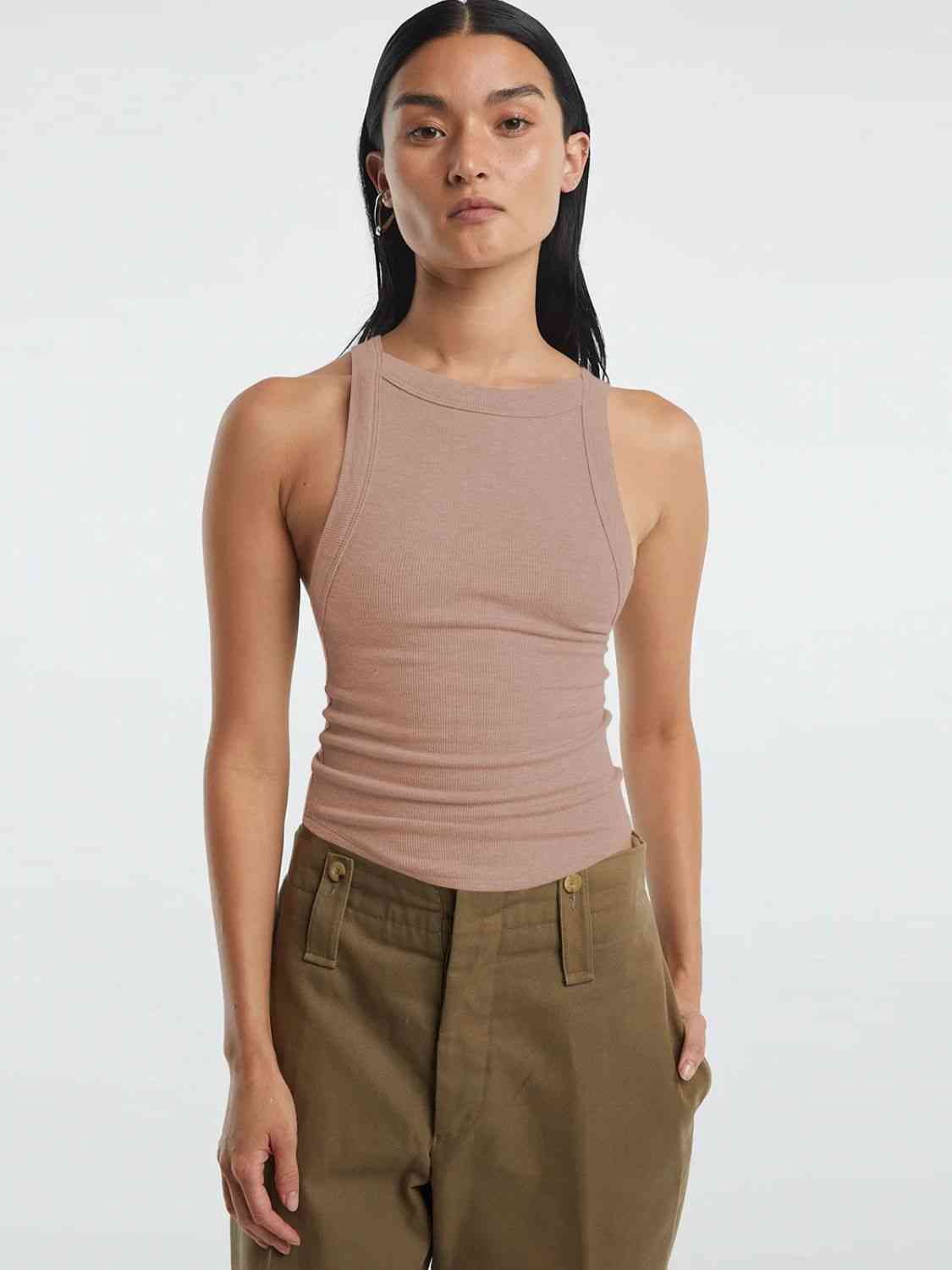 A stylish Halter Neck Ribbed Cropped Top in solid color, showcasing its backless design and sleeveless style, perfect for casual summer wear.