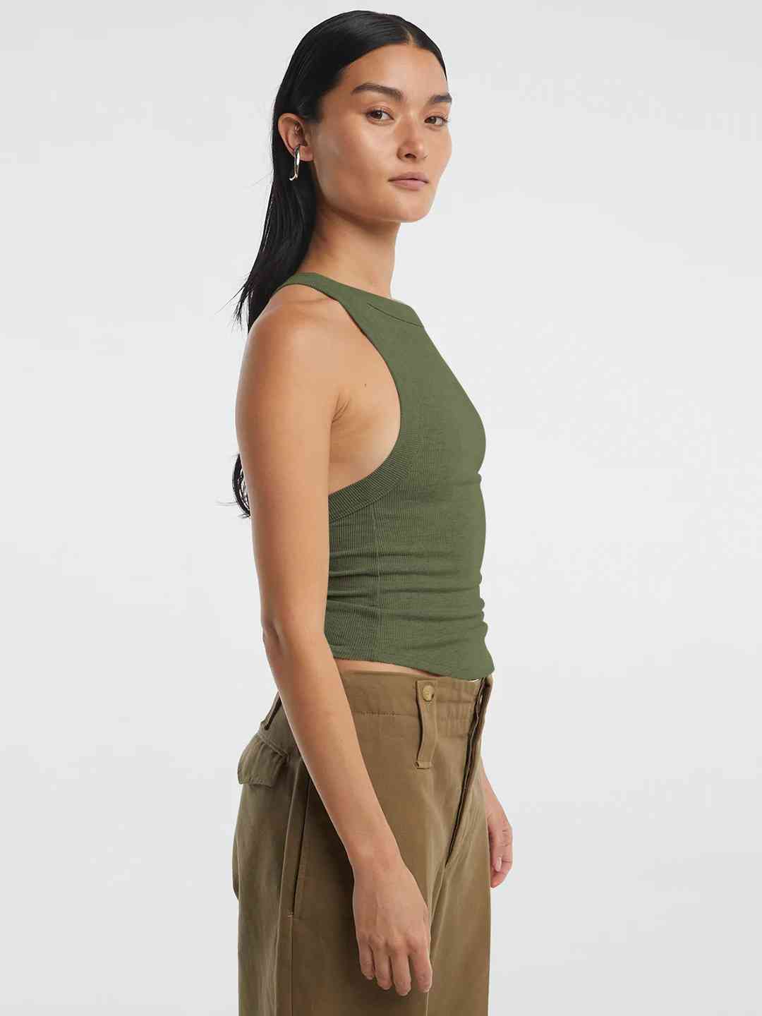 A stylish Halter Neck Ribbed Cropped Top in solid color, showcasing its backless design and sleeveless style, perfect for casual summer wear.