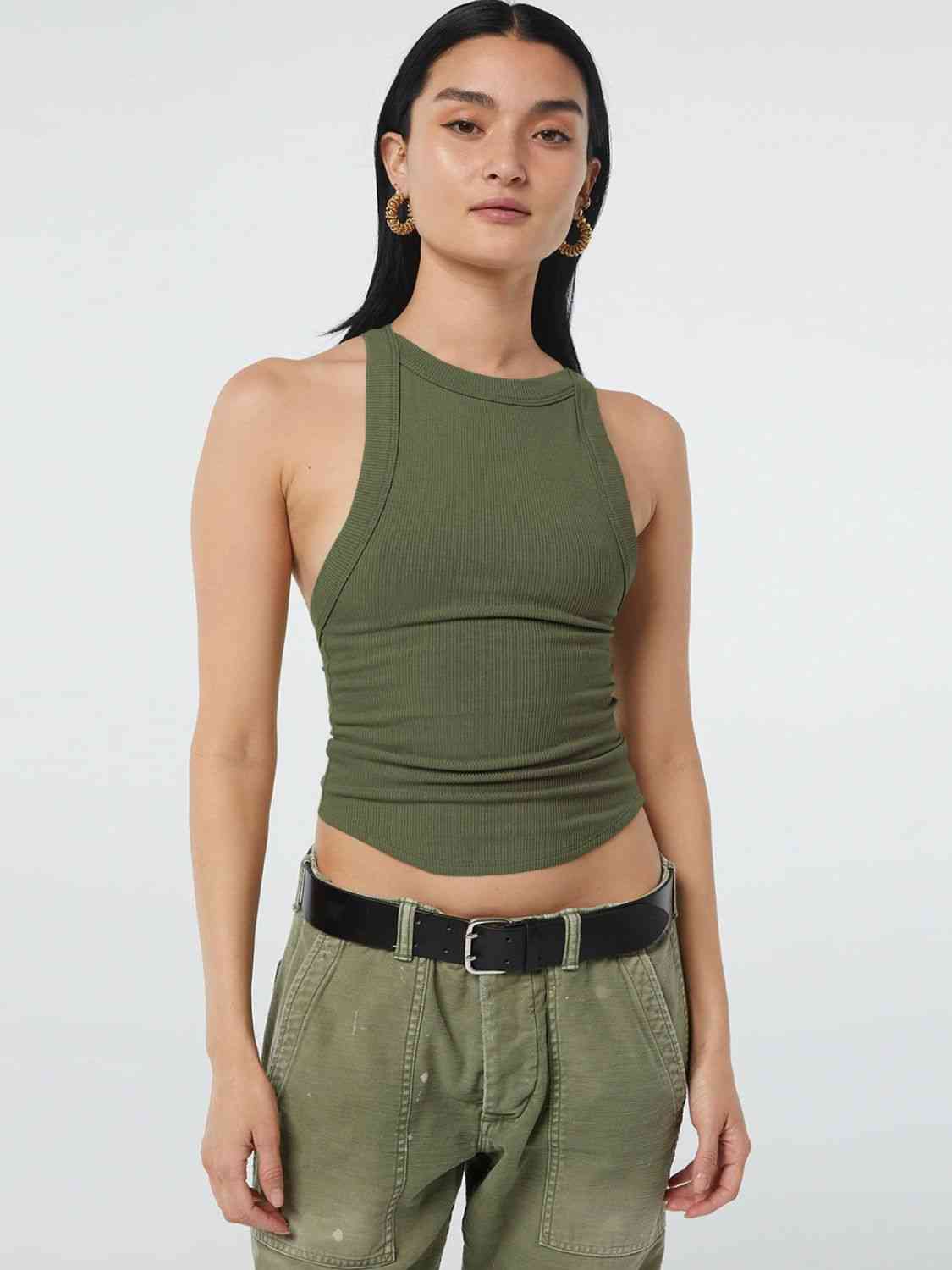 A stylish Halter Neck Ribbed Cropped Top in solid color, showcasing its backless design and sleeveless style, perfect for casual summer wear.