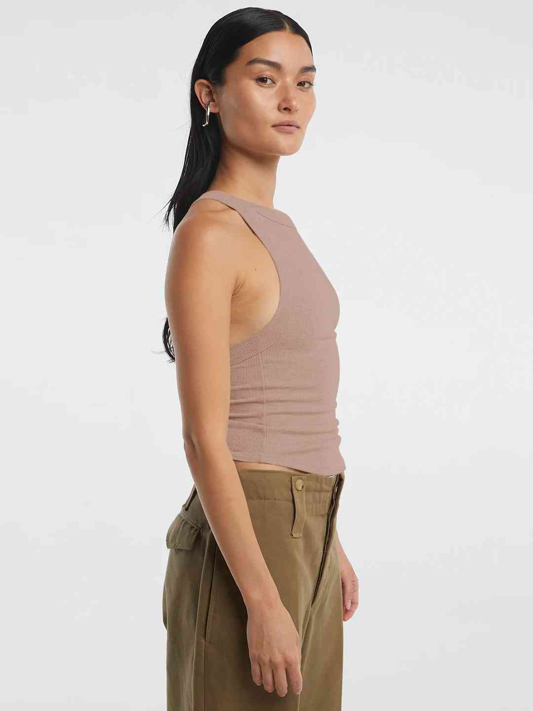 A stylish Halter Neck Ribbed Cropped Top in solid color, showcasing its backless design and sleeveless style, perfect for casual summer wear.