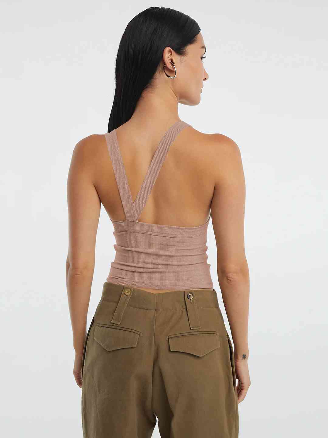 A stylish Halter Neck Ribbed Cropped Top in solid color, showcasing its backless design and sleeveless style, perfect for casual summer wear.