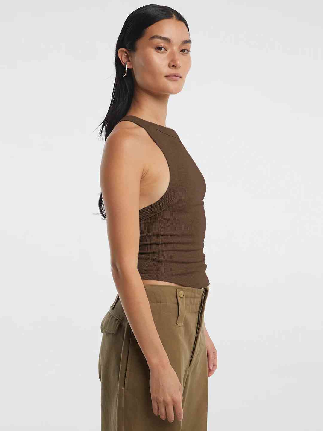 A stylish Halter Neck Ribbed Cropped Top in solid color, showcasing its backless design and sleeveless style, perfect for casual summer wear.