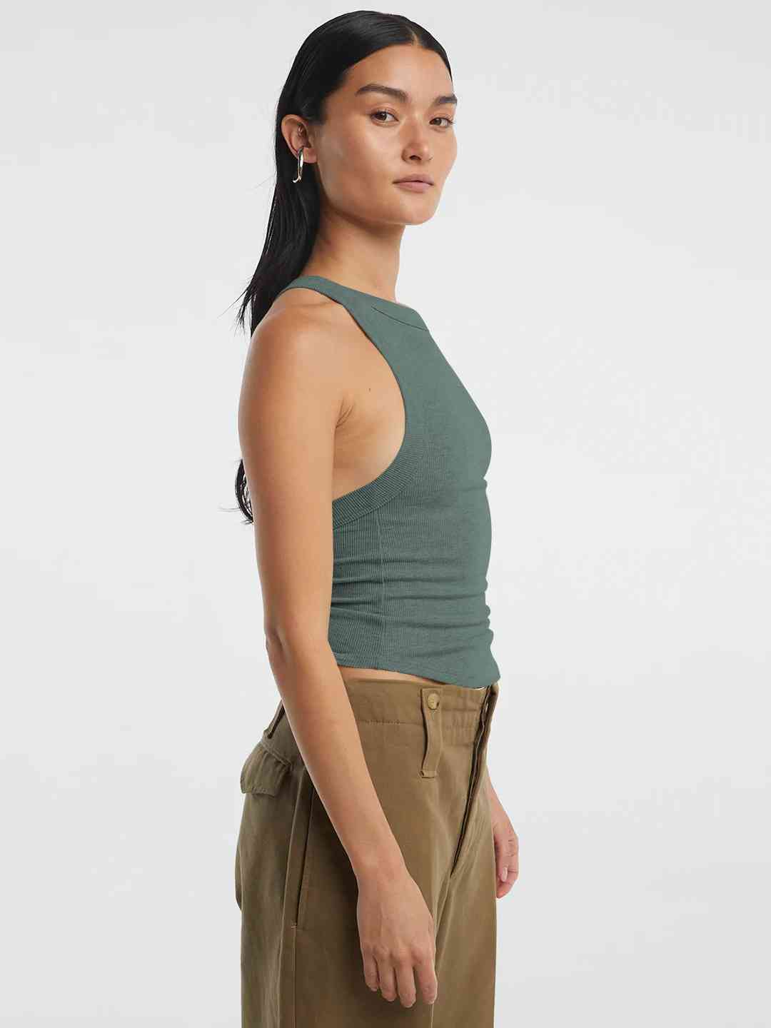 A stylish Halter Neck Ribbed Cropped Top in solid color, showcasing its backless design and sleeveless style, perfect for casual summer wear.