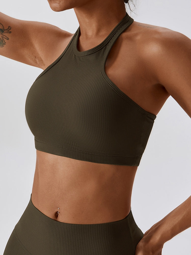 Halter Neck Sleeveless Cropped Tank Top in solid color, showcasing its sporty design and slim fit, perfect for yoga and workouts.