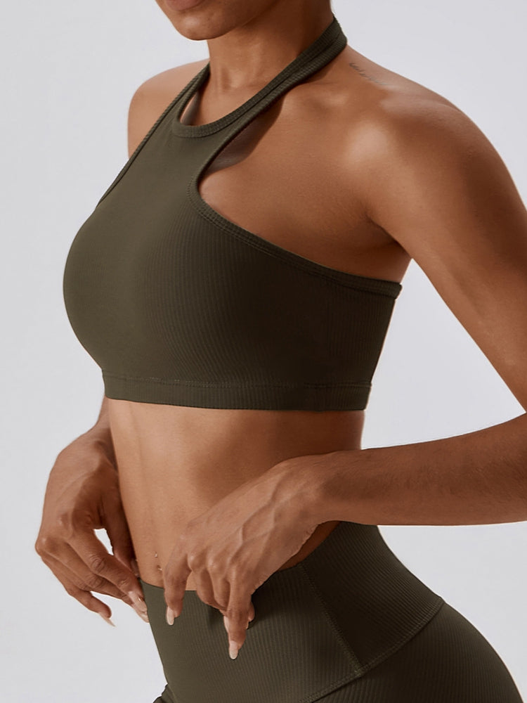 Halter Neck Sleeveless Cropped Tank Top in solid color, showcasing its sporty design and slim fit, perfect for yoga and workouts.