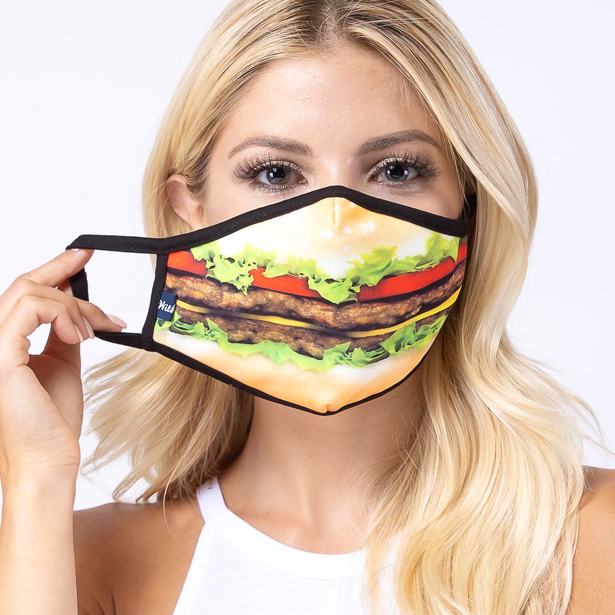 Hamburger 3-Layered Face Cover featuring a unique hamburger print design, made with polyester and cotton for comfort and protection.