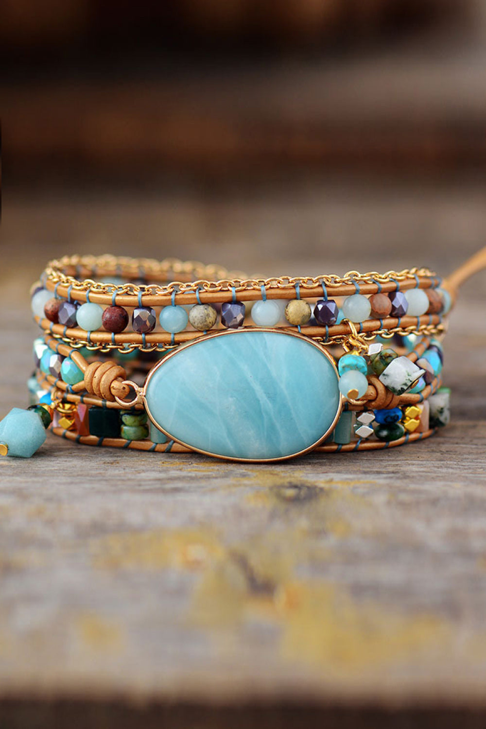 Handmade Natural Stone Beaded Triple Layer Bracelet showcasing unique patterns and colors of natural stones, crystal, and jade.