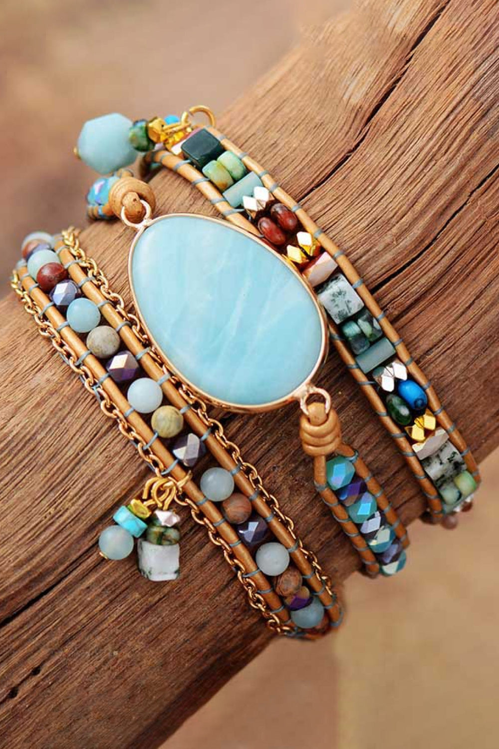 Handmade Natural Stone Beaded Triple Layer Bracelet showcasing unique patterns and colors of natural stones, crystal, and jade.