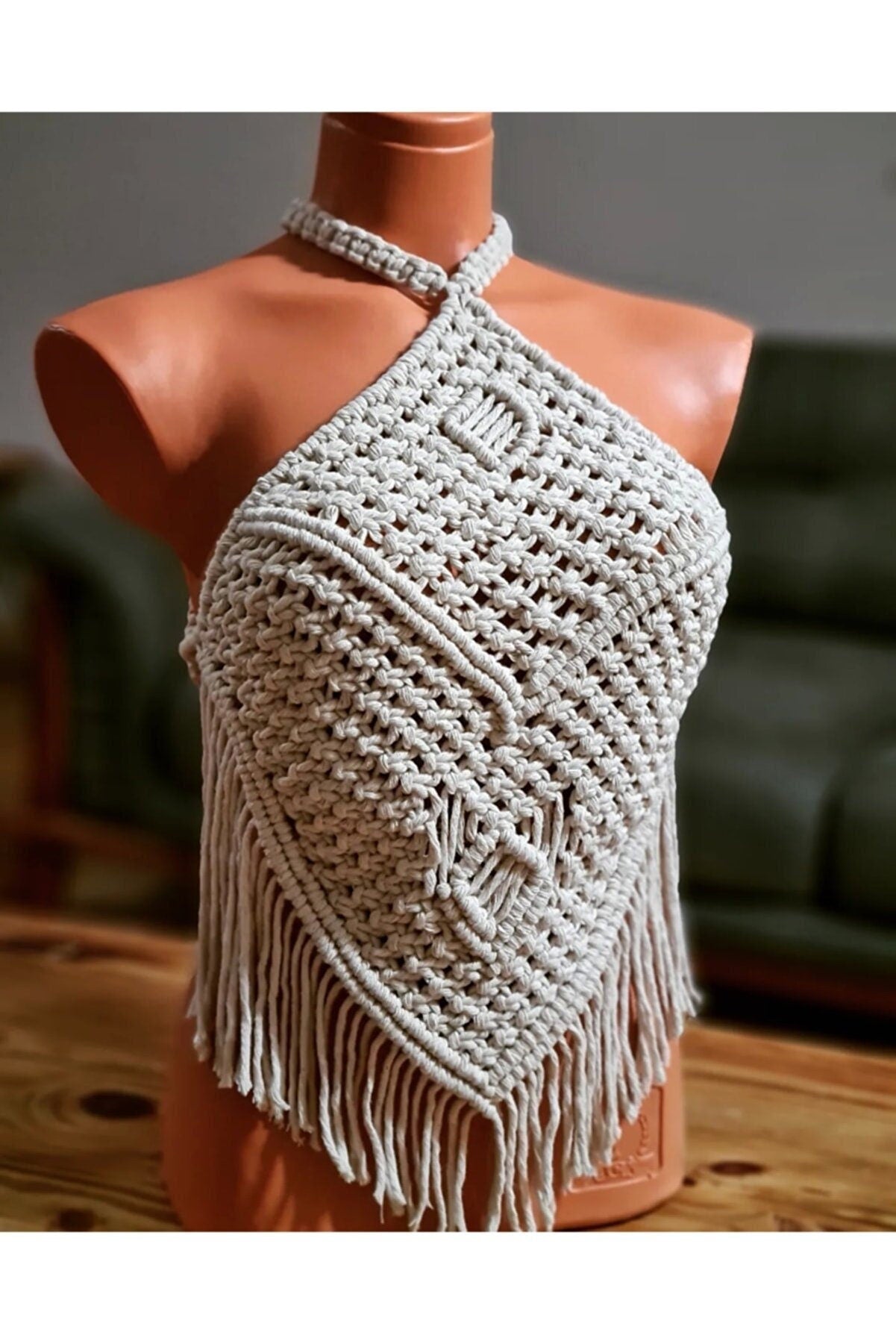 Handmade Unique Makrame Festival Top in cotton, featuring intricate macrame design, perfect for boho style enthusiasts.