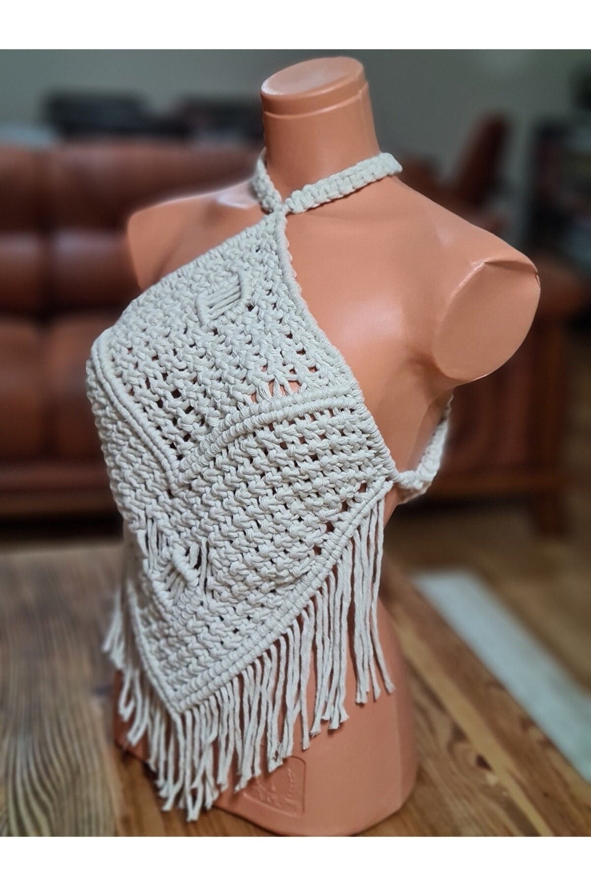 Handmade Unique Makrame Festival Top in cotton, featuring intricate macrame design, perfect for boho style enthusiasts.