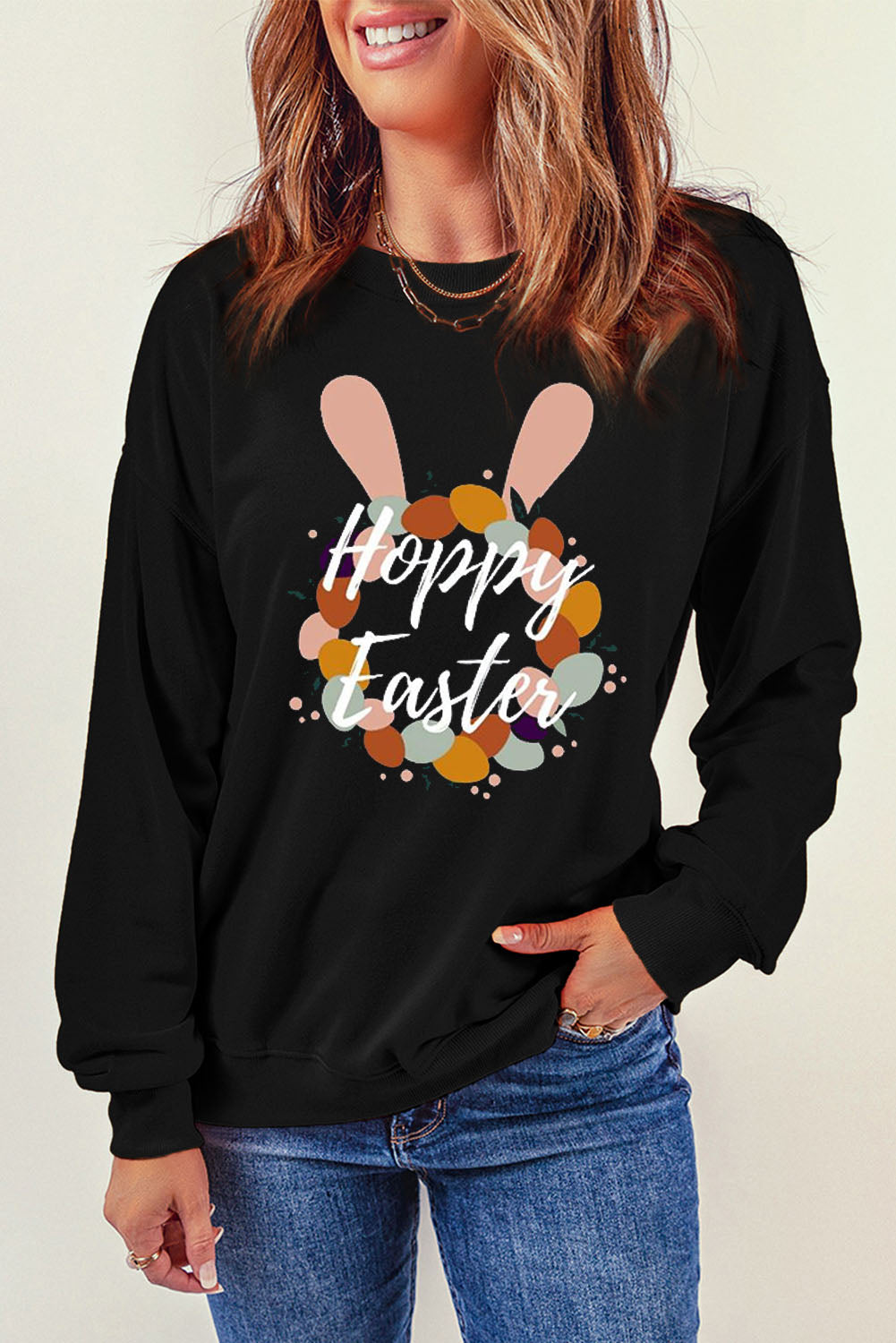 HAPPY EASTER Graphic Dropped Shoulder Sweatshirt featuring a vibrant Easter-themed graphic, round neck, and dropped shoulder design.