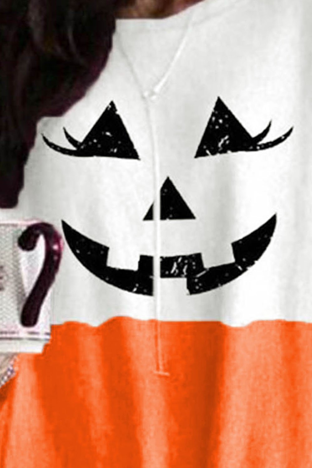 HAPPY HALLOWEEN Scary Pumpkin Face Print Contrast Tunic Top featuring a vibrant pumpkin design and stylish colorblock pattern.