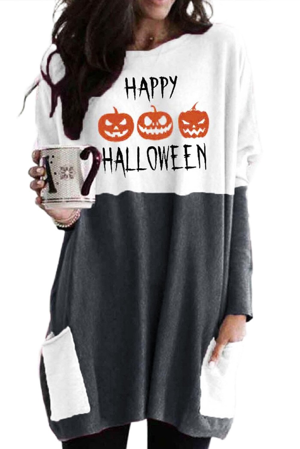 HAPPY HALLOWEEN Scary Pumpkin Face Print Contrast Tunic Top featuring a vibrant pumpkin design and stylish colorblock pattern.