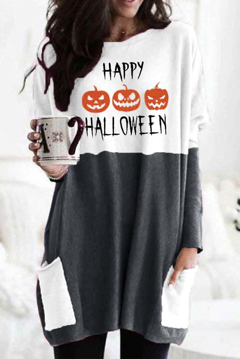 HAPPY HALLOWEEN Scary Pumpkin Face Print Contrast Tunic Top featuring a vibrant pumpkin design and stylish colorblock pattern.