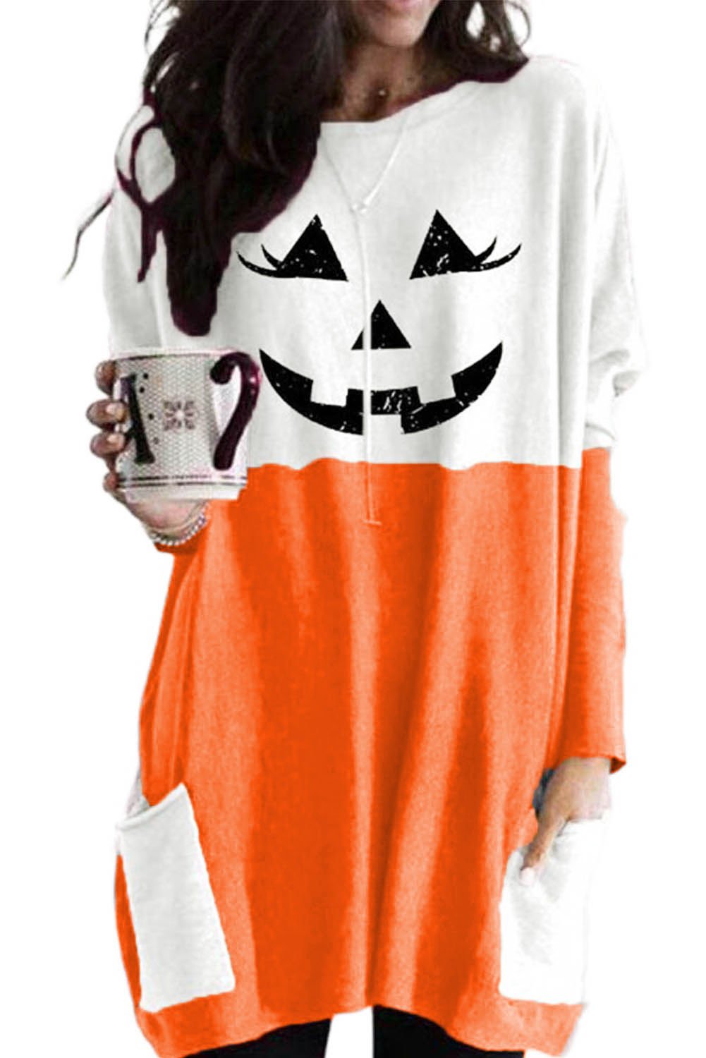 HAPPY HALLOWEEN Scary Pumpkin Face Print Contrast Tunic Top featuring a vibrant pumpkin design and stylish colorblock pattern.