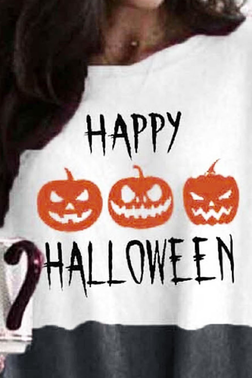 HAPPY HALLOWEEN Scary Pumpkin Face Print Contrast Tunic Top featuring a vibrant pumpkin design and stylish colorblock pattern.