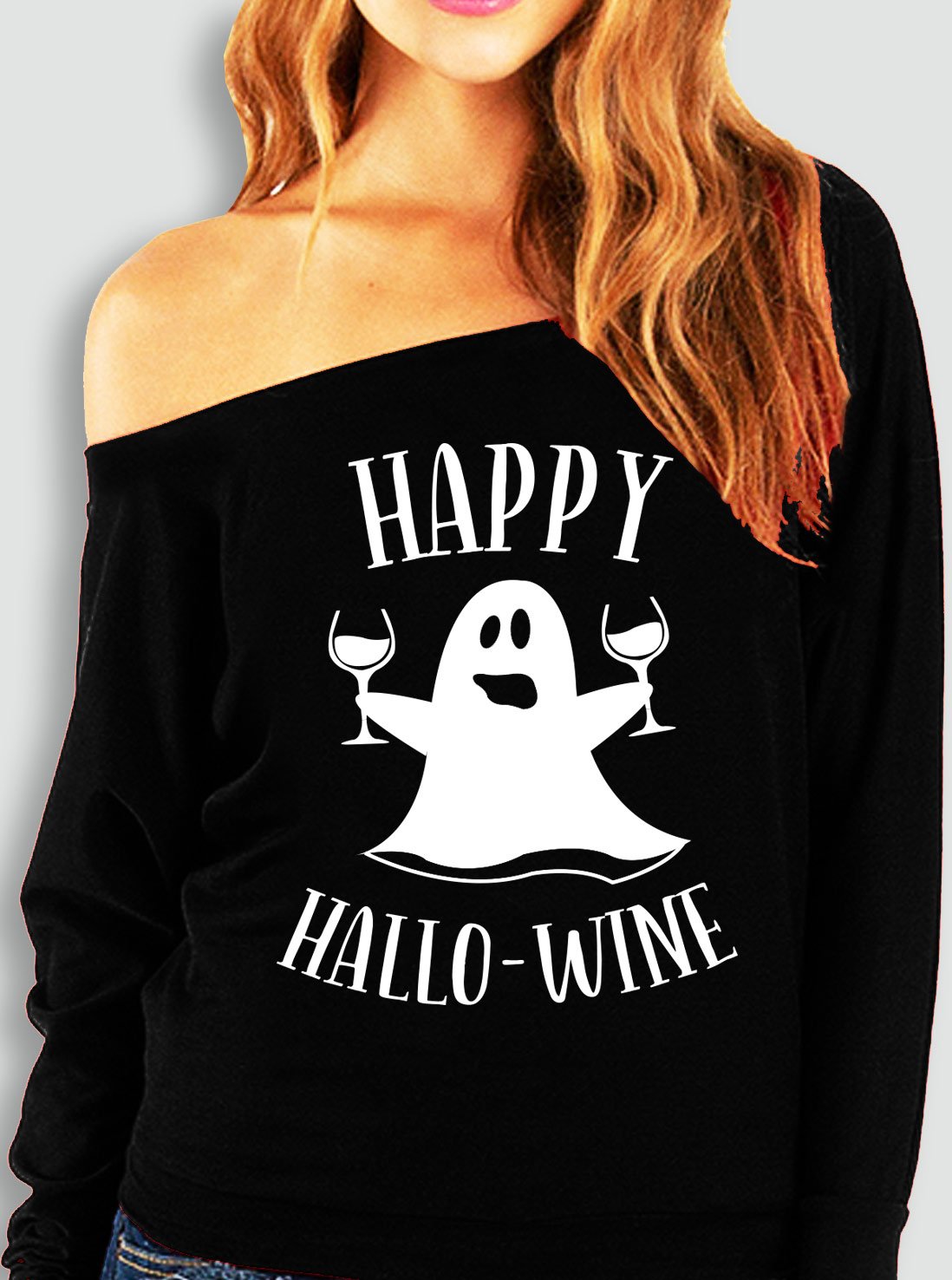 Happy HalloWine Ghost Off-Shoulder Sweatshirt featuring a playful Halloween design in black with off-shoulder style.